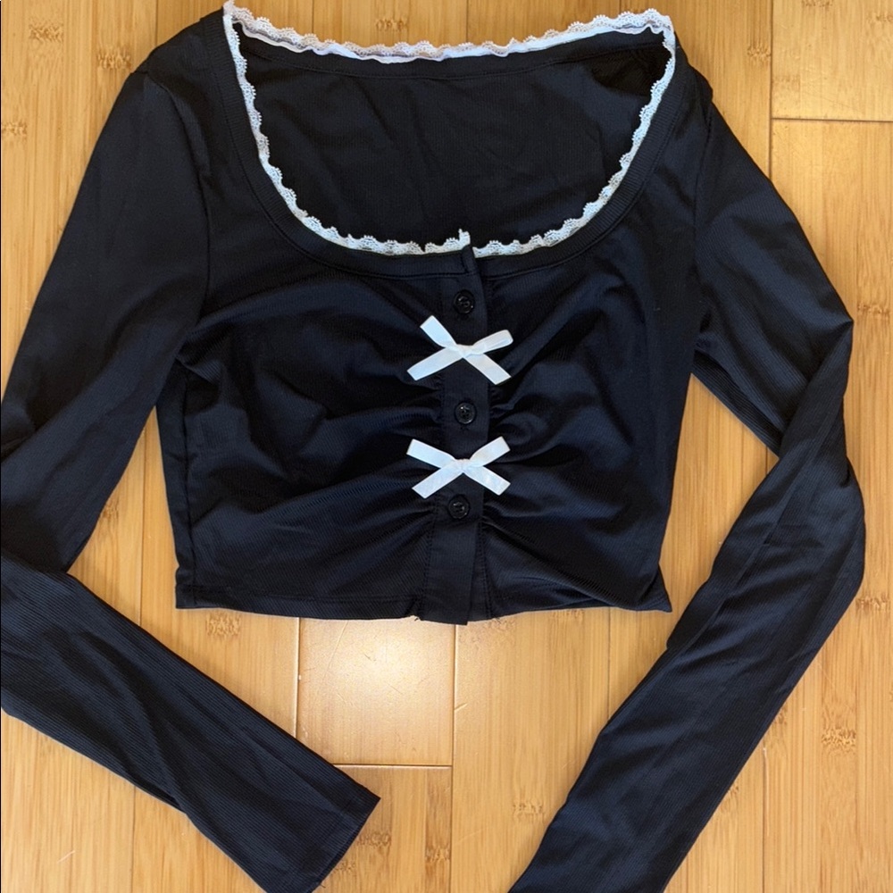 Black Long Sleeve Top with Lace Trim